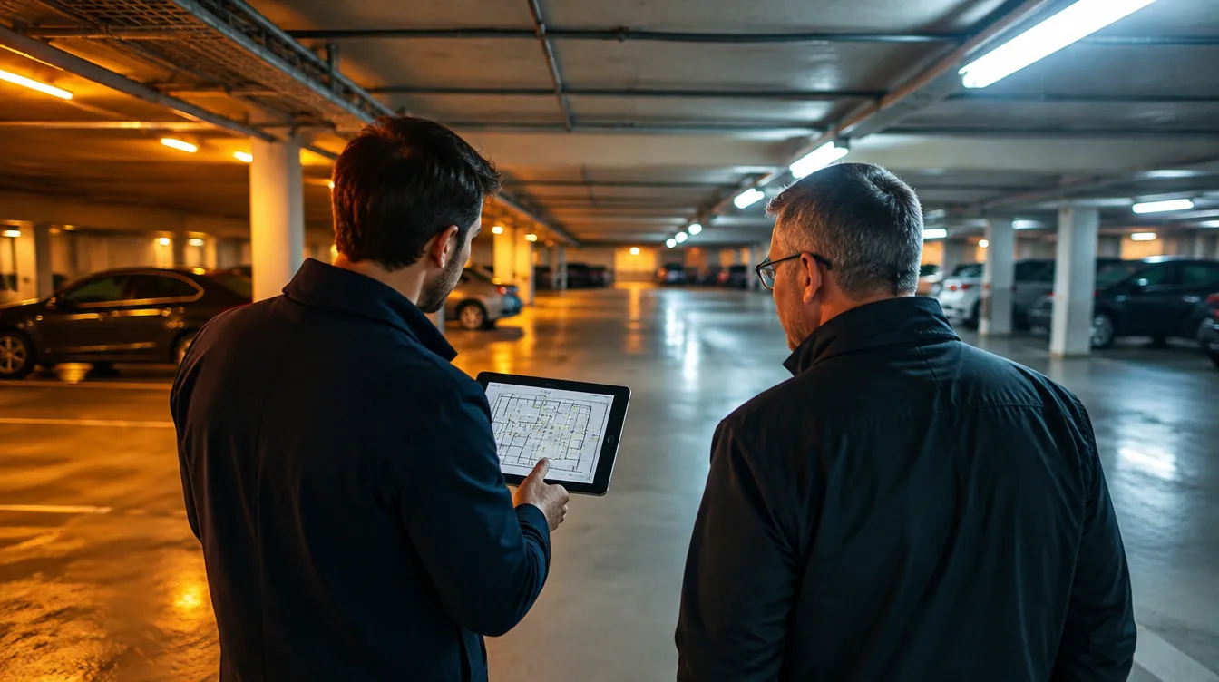 Zwei Personen bei der Begehung einer Tiefgarage, einer hält ein Tablet mit Grundriss